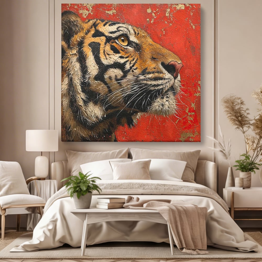 Tablou canvas cu tablou canvas cu pictura de tigru, fara rama, pe sasiu de lemn, pe perete intr-un dormitor